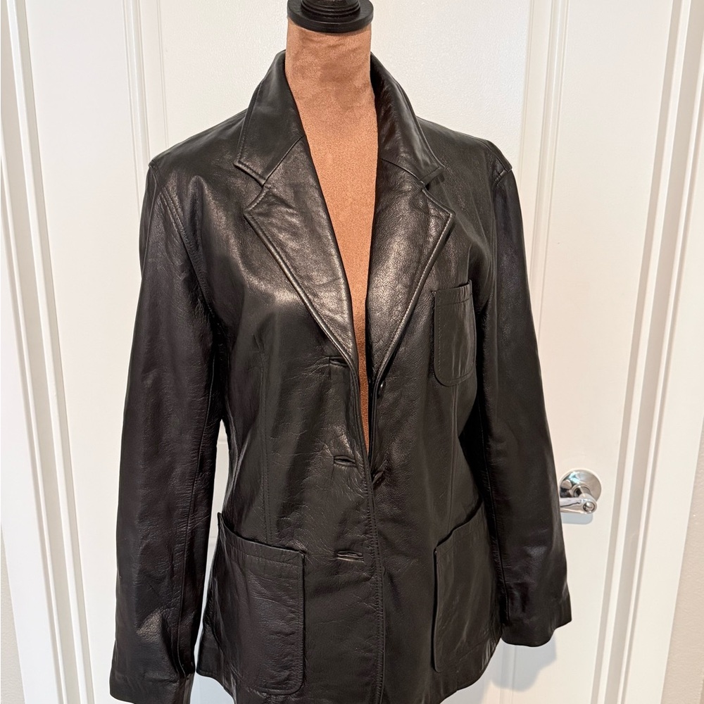 Rem Garson Black Leather Blazer Jacket Size L 90s Minimalist Genuine Leather
